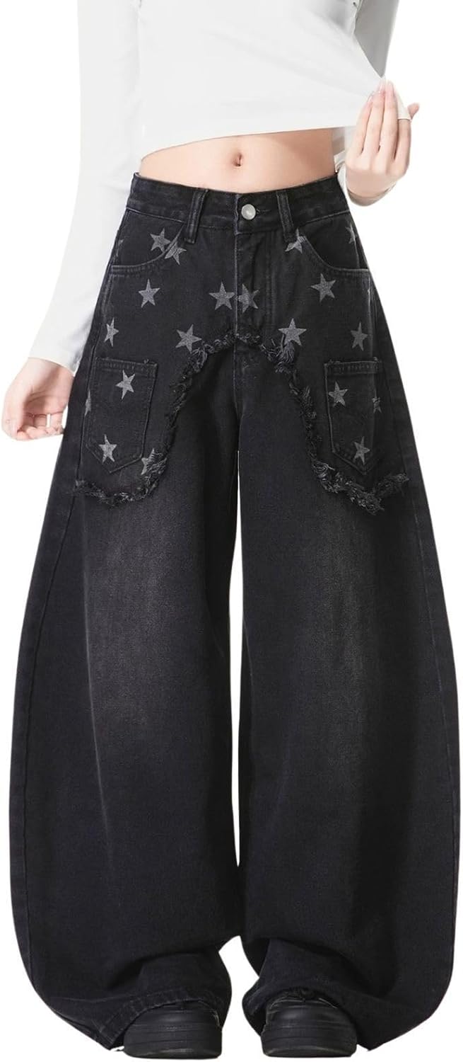 Baggy Jeans for Women Men Star Patchwork Barrel Jeans Low Rise Grunge Boyfriend Denim Pants Streetwear Clothes