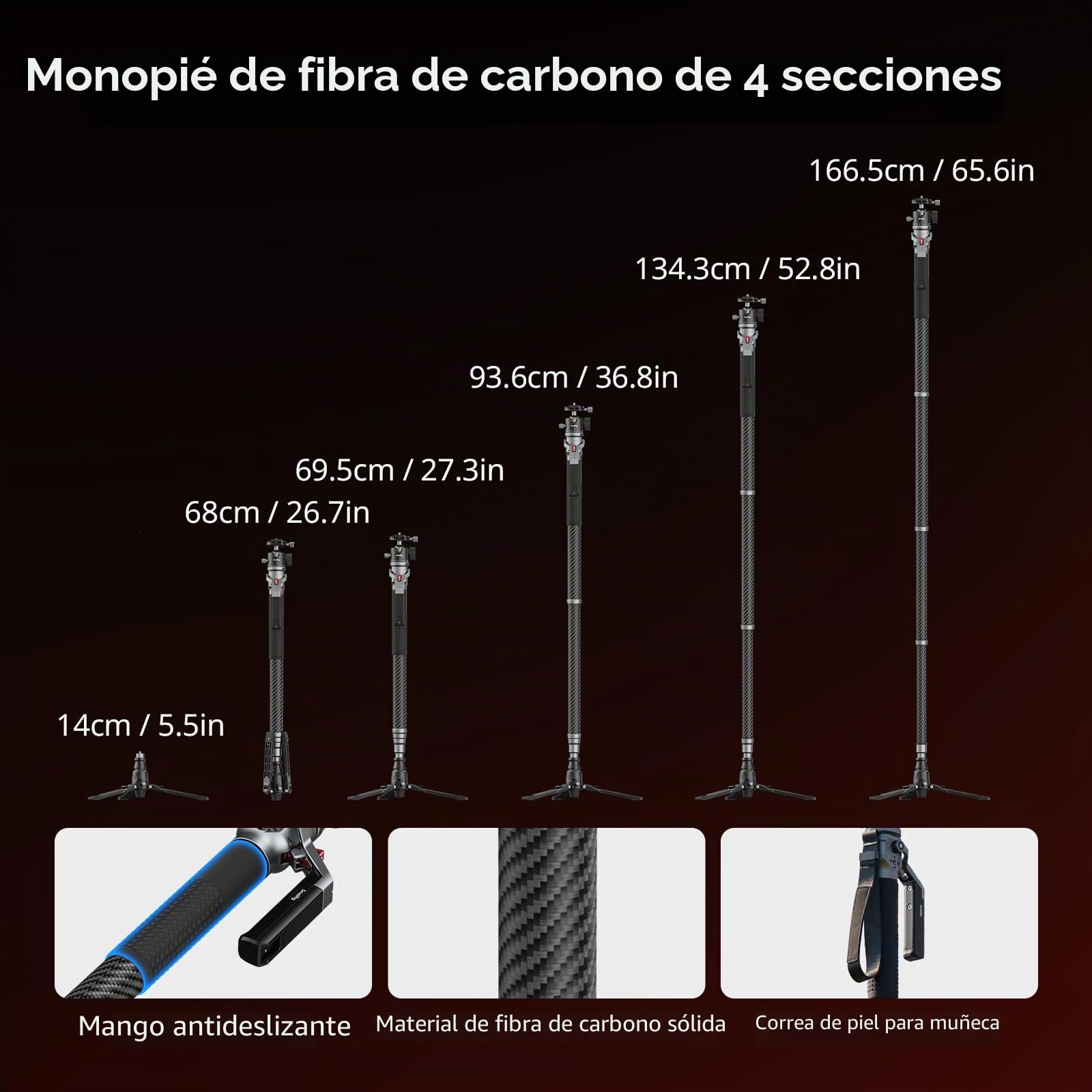 SMALLRIG Monópode de Fibra de Carbono 166.5cm, Portátil 68cm, Peso 1.72kg, Ajuste de Altura de Un Toque, Carga Máx. 5kg - 5564
