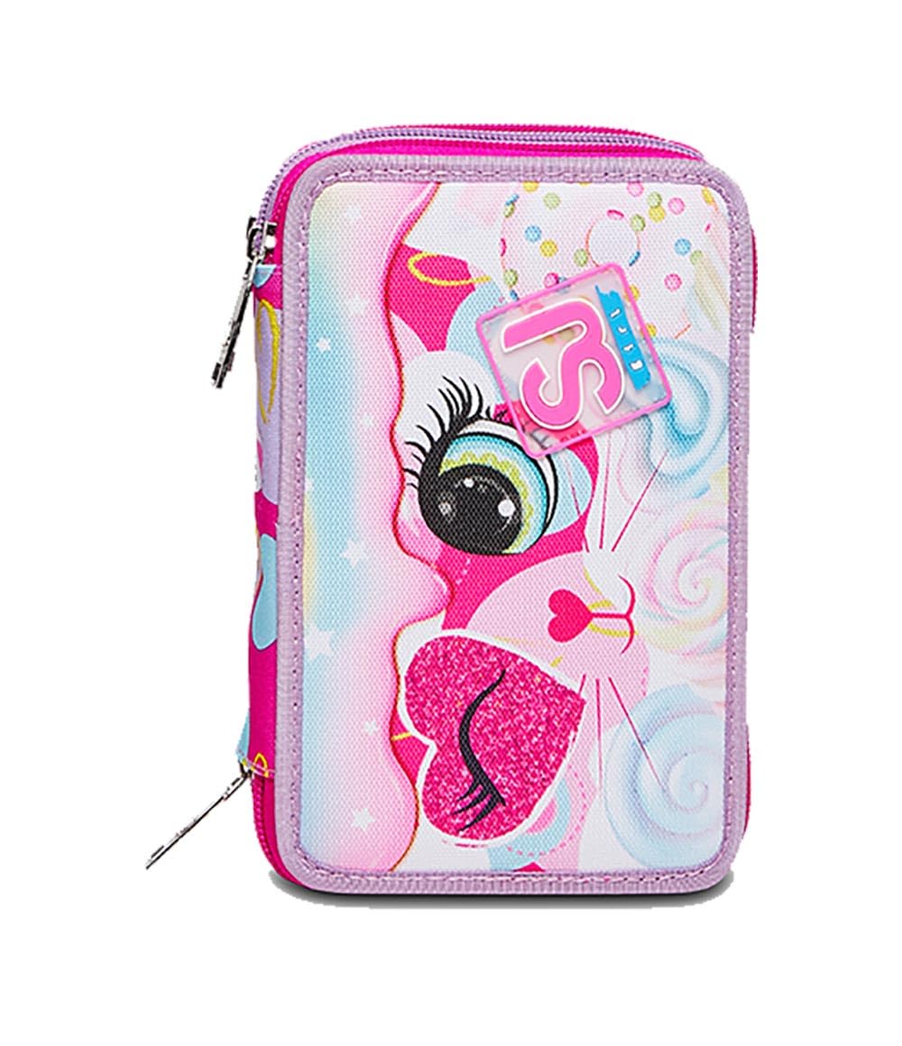 SJ GANG STYLE JAM GANG, Astuccio Scuola 3 Zip, HEART LOLLY, Rosa, Triplo scomparto, 45 pezzi, Attrezzato con Matite, Pennarelli e altro, Portapenne Scuola Bambina