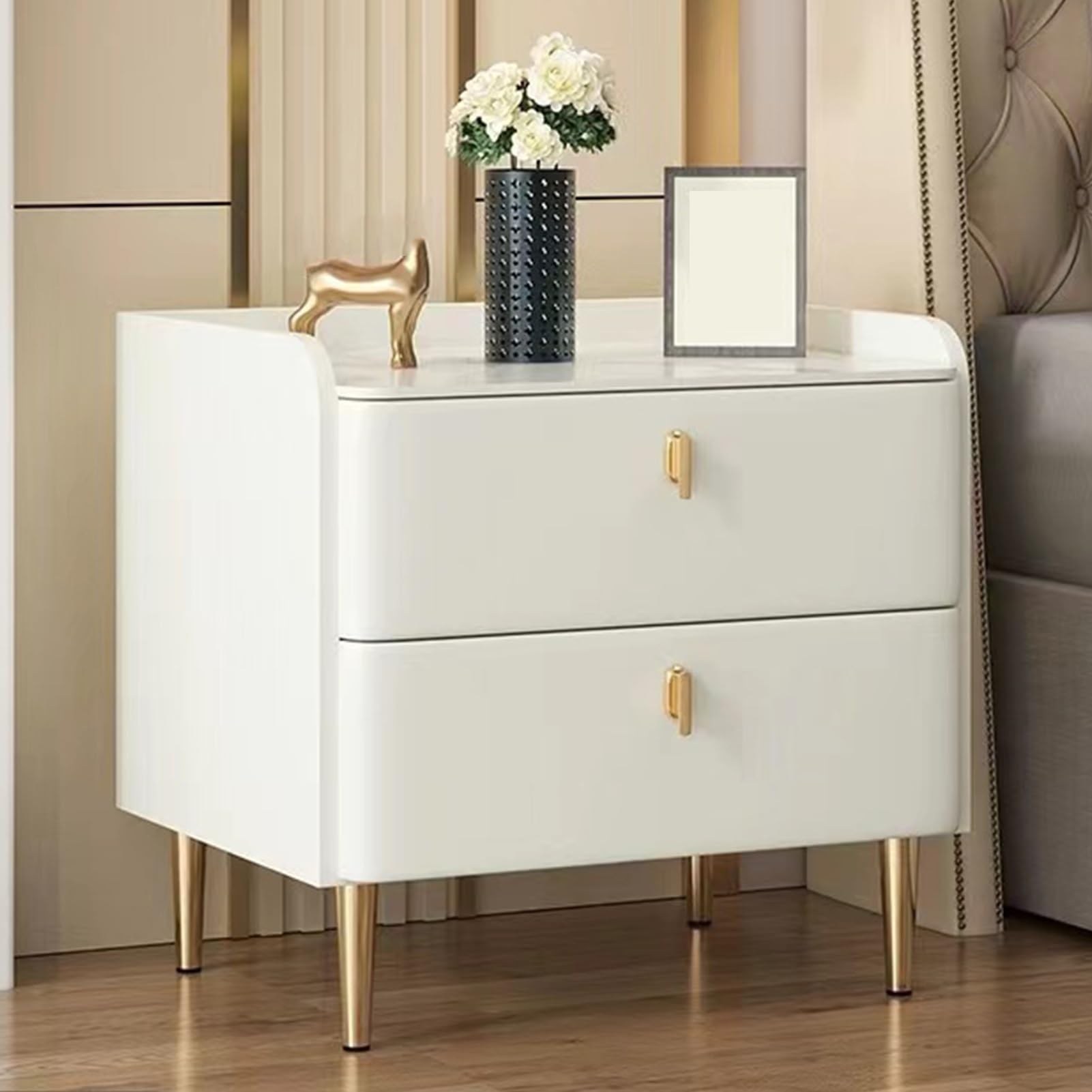 Table de chevet blanche 40 cm avec 2 tiroirs et pieds en métal pour petite chambre