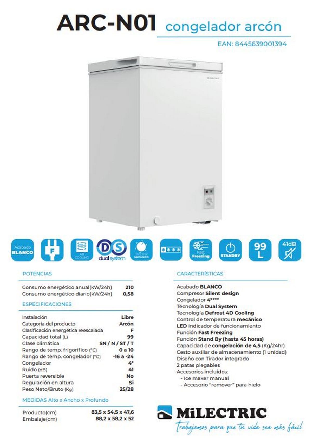 MILECTRIC Congelador Arcon ARC-N01-99 Litros, A+/F, Función FAST FREEZE, Dual System, Control de temperatura