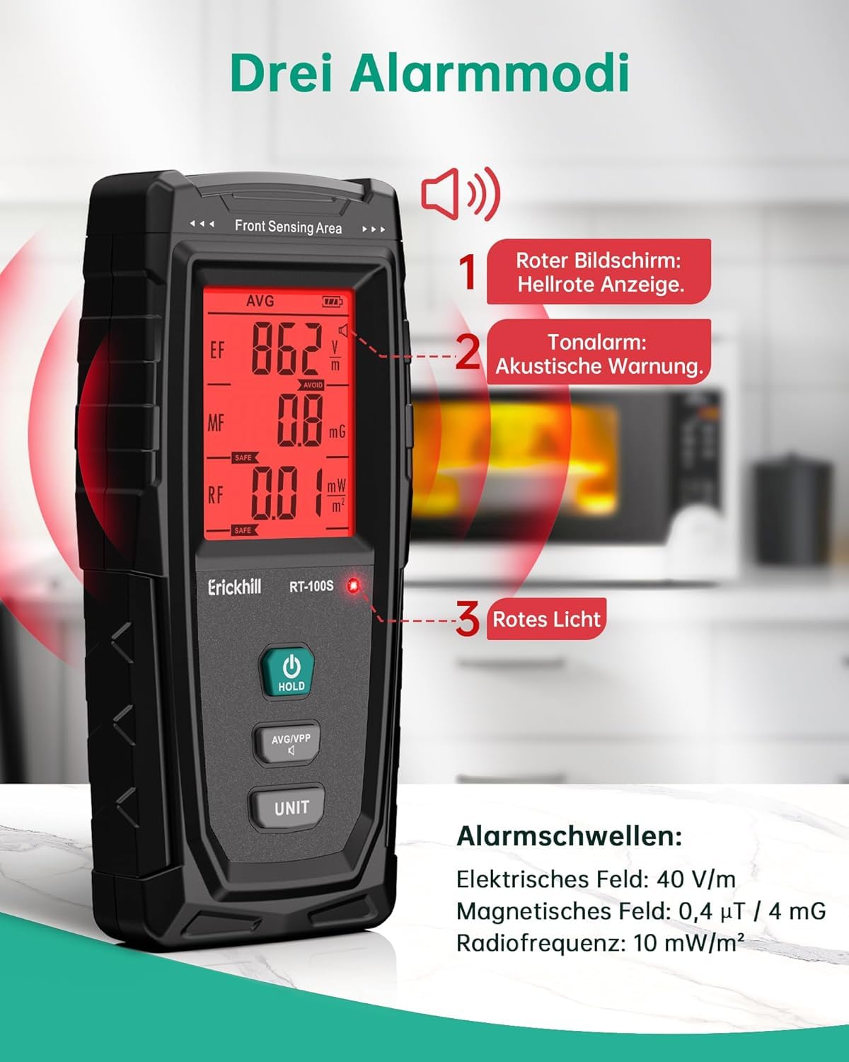 ERICKHILL EMF Messgerät RT-100S, EF/MF/RF-Prüfung, wiederaufladbarer magnetfeld, digitaler/Grafik-Dual-Interface-Strahlungsdetektor, digitaler LCD-Bildschirm, für Zuhause, Büro, Outdoor