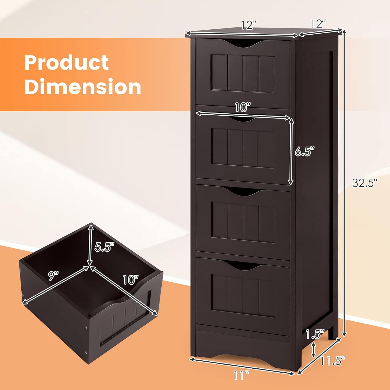 LOKO Bathroom Floor Cabinet with 4 Drawers, Bathroom Cabinet with Anti-toppling Device, Multifunctional Storage Cabinet for Bathroom, Living Room, Kitchen(Espresso)