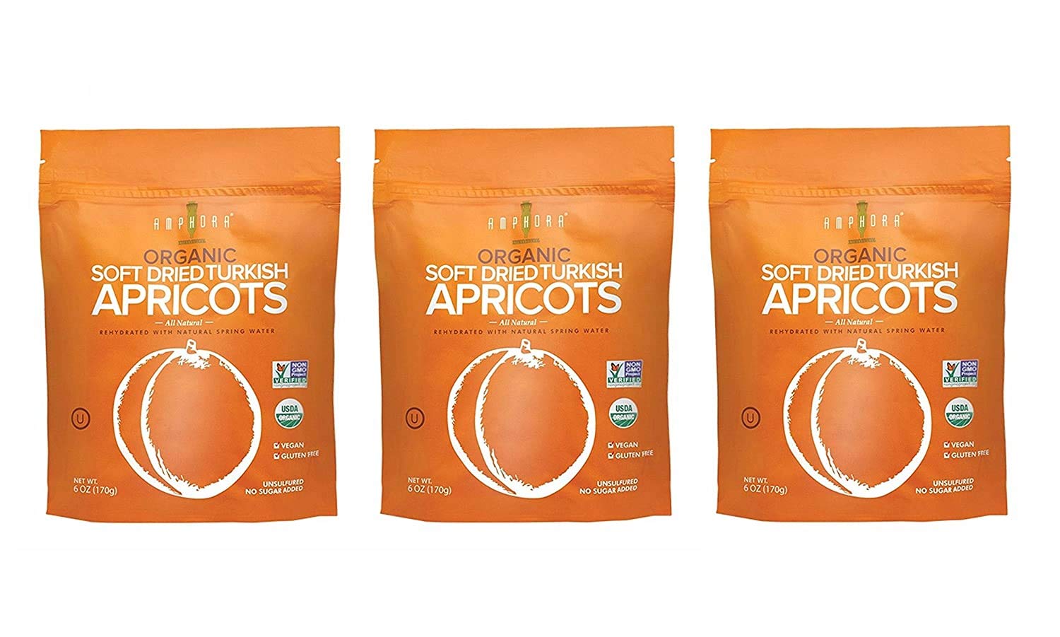 AMPHORAAll Natural Organic Soft Dried Turkish Apricots, Vegan, Gluten free, Keto 6 Oz Each (Pack of 3)