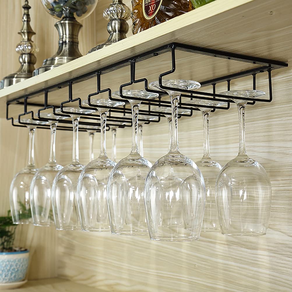 Warmiehomy Porte-verres à vin à suspendre sous armoire pour bars, cuisine, verres à champagne en métal noir (60 x 22,5/6 emplacements)