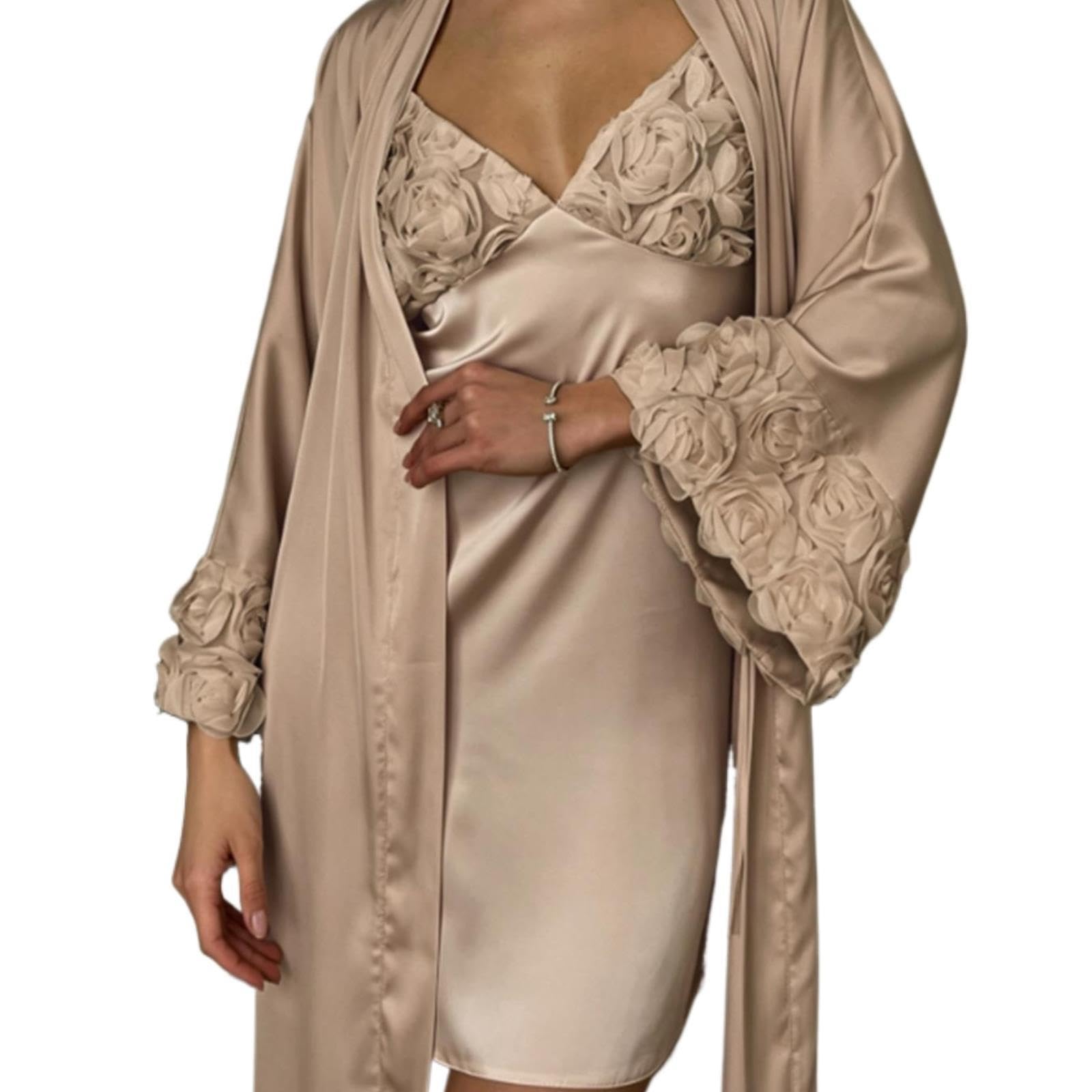 Set di indumenti da notte in raso da donna 2 pezzi floreale 3D