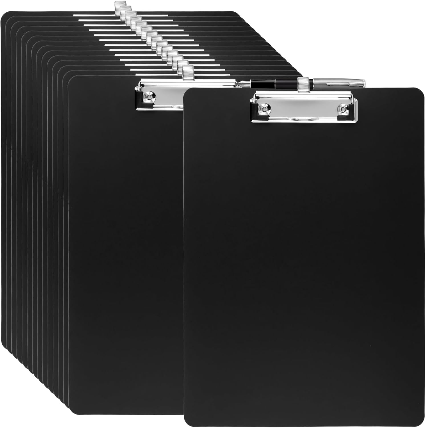 SEUNMUK 15 Pack A4 Black Clipboard, Plastic Clip Board with A Insertable Pen Spring Coil, Clipboards Bulk for Classrooms, Offices