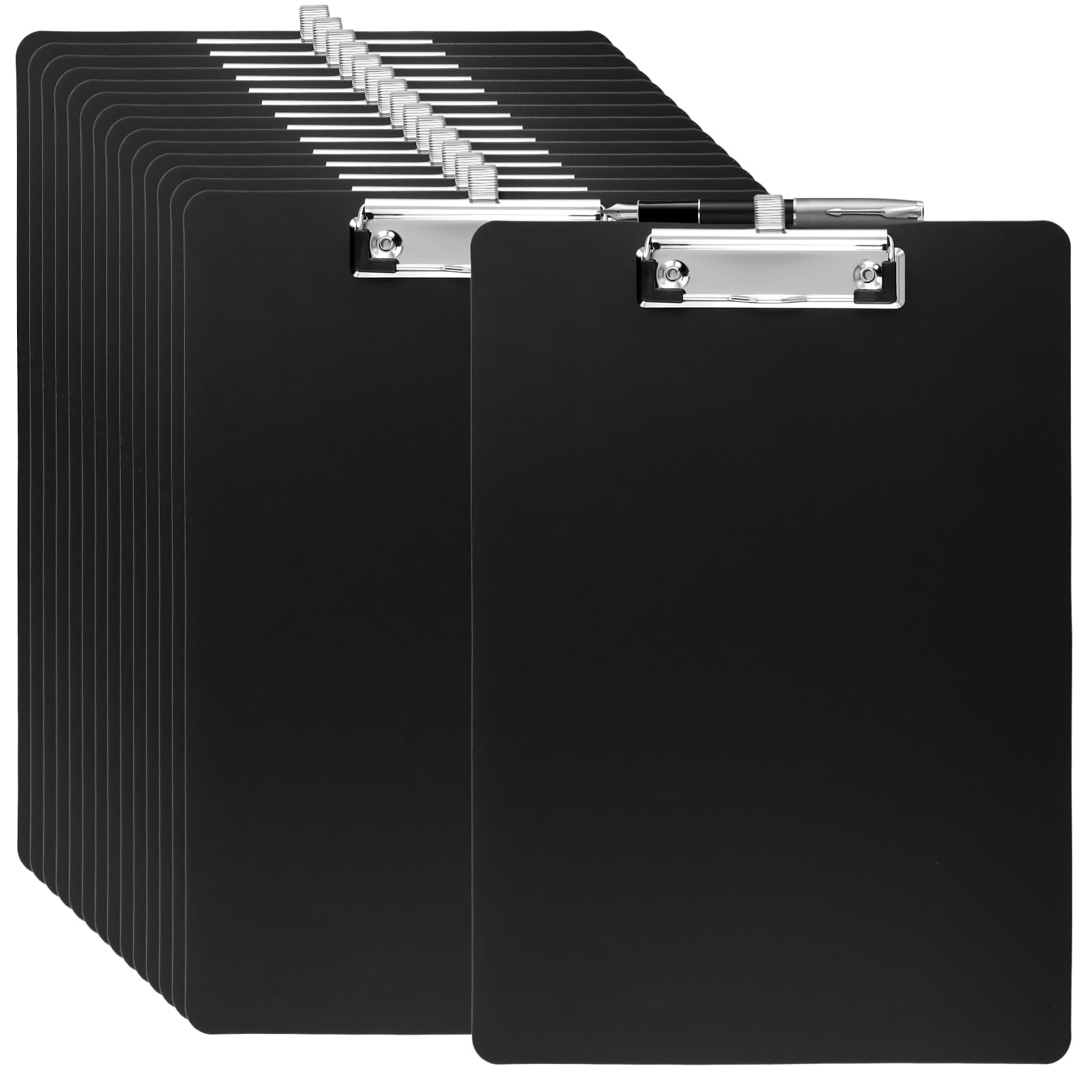 SEUNMUK 15 Pack A4 Black Clipboard, Plastic Clip Board with A Insertable Pen Spring Coil, Clipboards Bulk for Classrooms, Offices