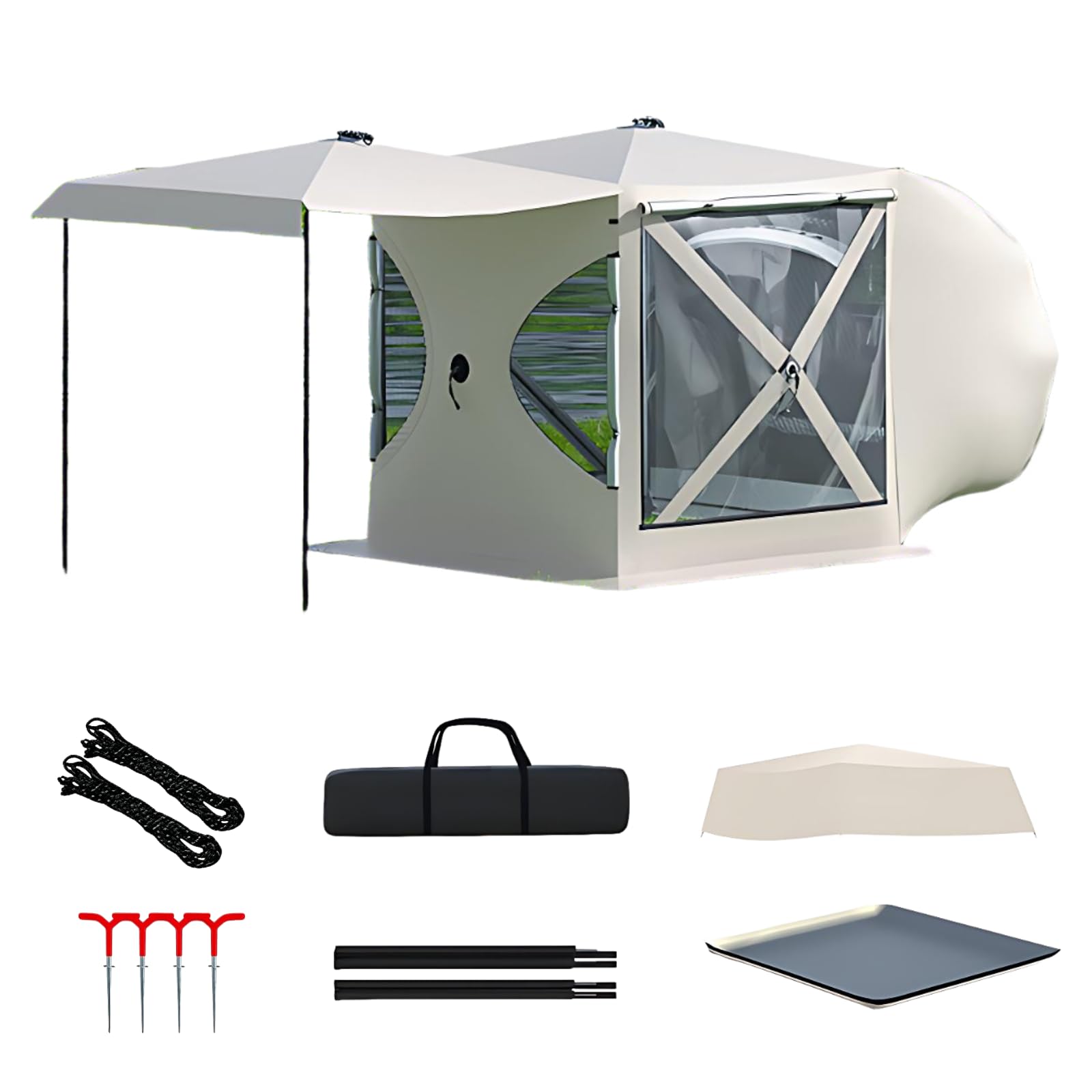 UPLTOE Panoramic SUV Tailgate Tent, 3-4 Person, Pop-Up Instant Setup, Large TPU Windows, Silver-Coated Oxford, with Portable Carry Bag, Rain Cover, Stakes, Guy Lines, Carry Bag Gold-B