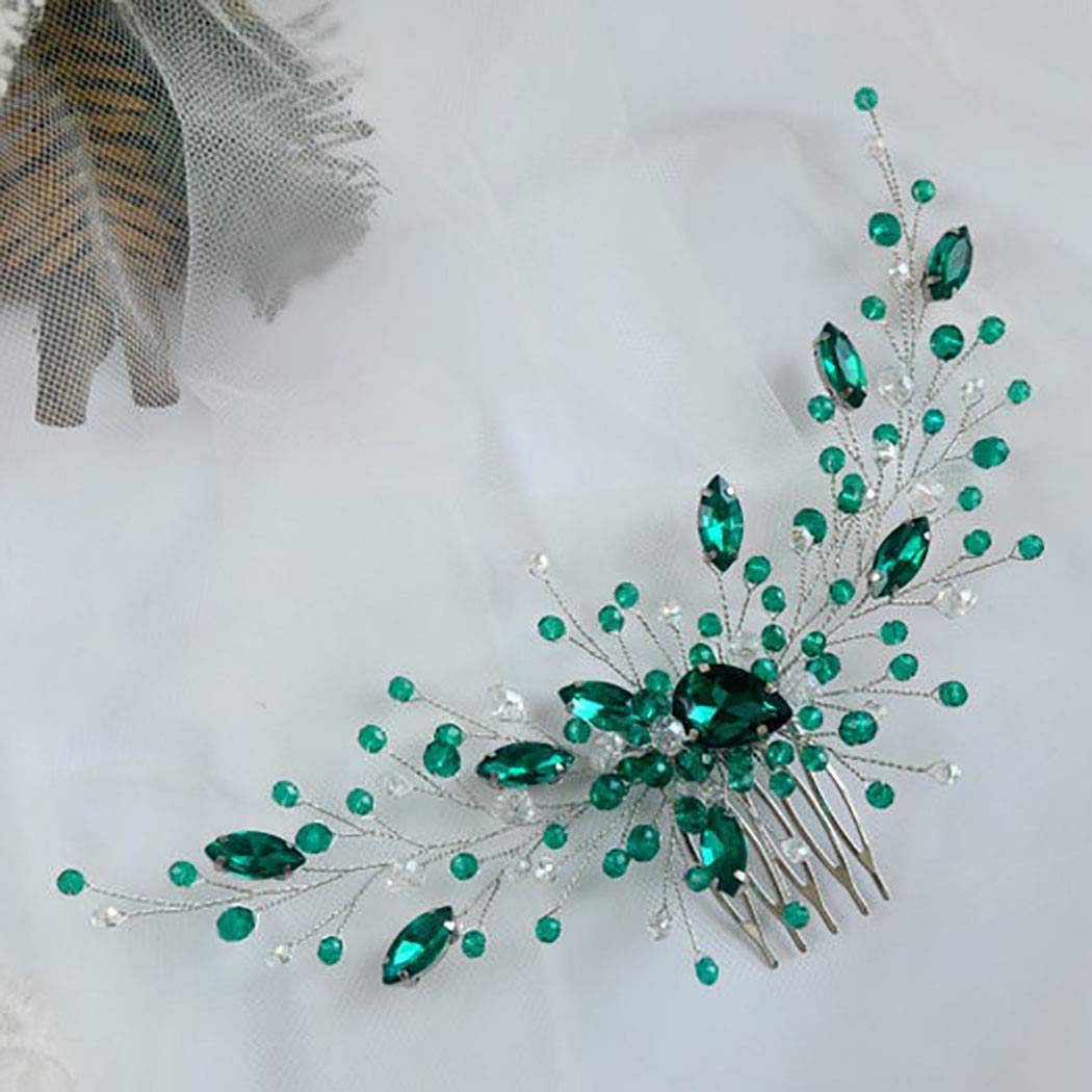 IYOU Diadema de princesa con cristales verdes, peineta para novia, accesorios para el pelo para bodas, para mujeres y niñas (plateado)