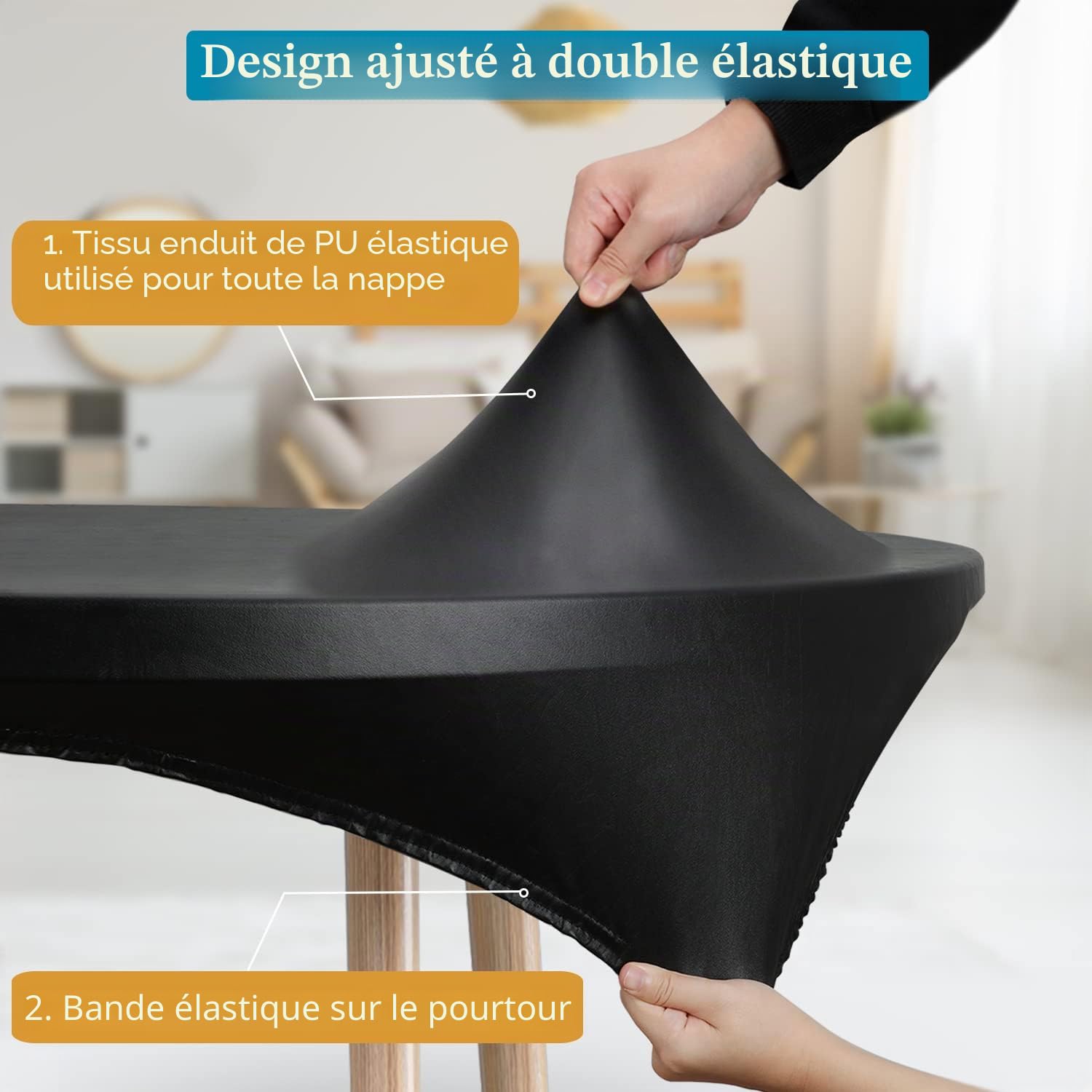 Double Face fit Design PU Round fit Nappe, Ripstop lingette de Table Ronde élastique, Soft Touch, Nappe imperméable à l'eau et à l'huile (Noir, Ronde 135-142cm)