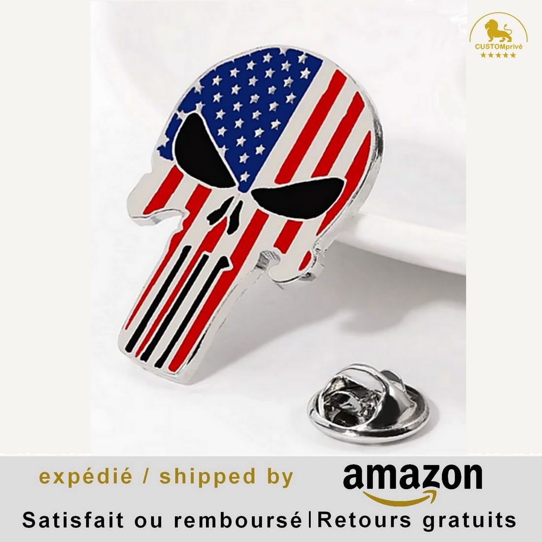 Pin's Broche épinglette Skull punisher drapeau USA flag Biker Triker motard. Livré dans son étui cadeau en velours. Multicolore