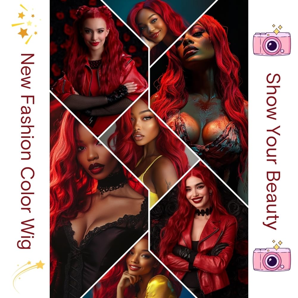 Red Wig, Synthetic Hair Long Red Wigs for Women Curly Hair 26 inch 180% Density Full Wet and Wavy Red Hair Wig Daily Festival Cosplay and Party Wig