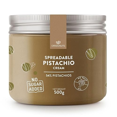 ORIGONUTS Crème de Pistaches à Tartiner 500g avec 54% de Pistaches Creme de Pistache pour Patisserie sans Sucre Ajouté sans Huile de Palme Douce Parfait pour Gâteau au Fromage Croissant Chocolat Dubai - Pistache sans sucre - 500 g (Lot de 1)
