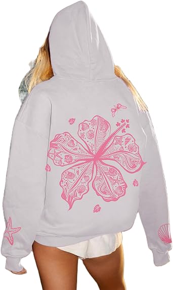 Yojeasrio Oversized Graphic Hoodie for Teens Girl Y2K Ocean Floral Embroidered Preppy Hoody Sweatshirt Cute Aesthetic Sweater