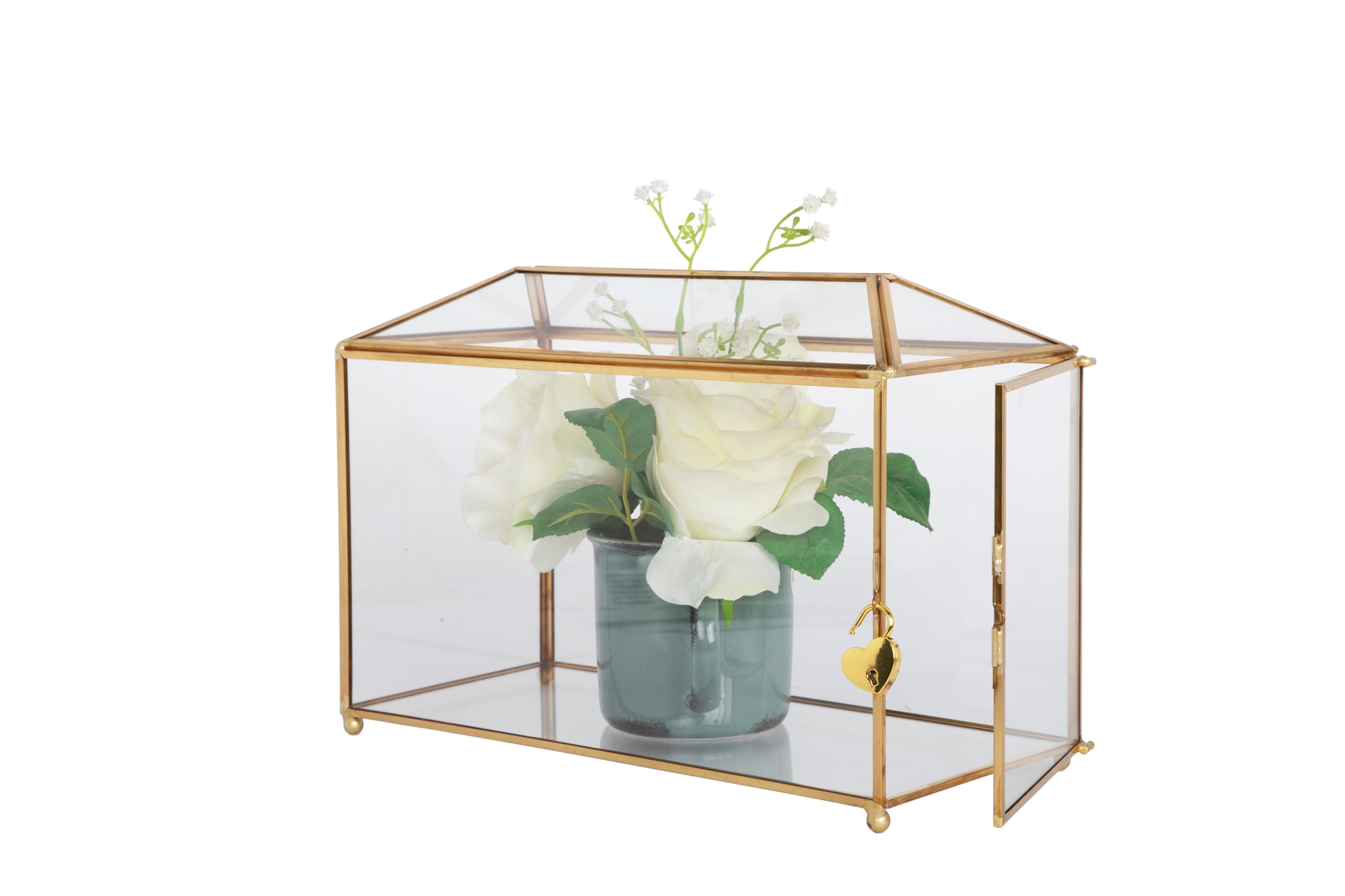 Caja de cristal dorado con tapa decorativa para joyas, caja de exhibición de latón transparente (dorado/techo, 10.3 pulgadas de largo x 5.9 pulgadas de ancho x 8.3 pulgadas de alto)