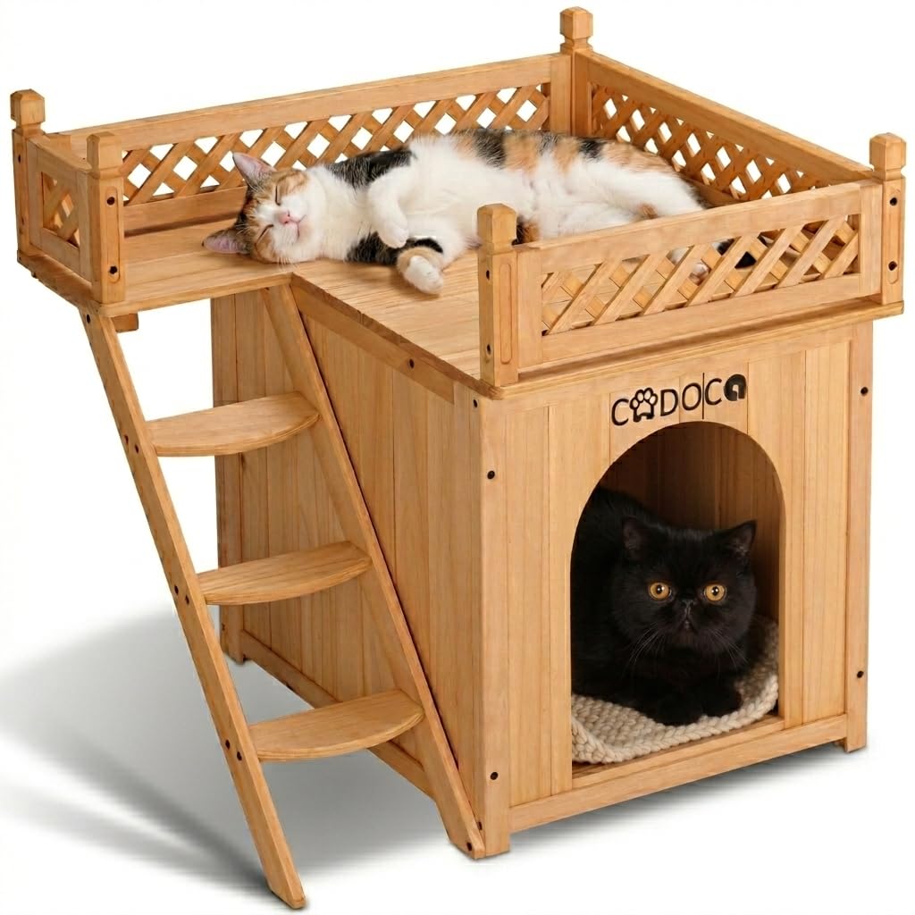 CADOCA® Wooden Pet House with Balcony & Stairs | Indoor Outdoor Cat House & Weatherproof Dog Kennel | Raised Weatherproof Waterproof Cat Shelter for Cats, Kittens, Puppies & Small Animals FSC® Wood