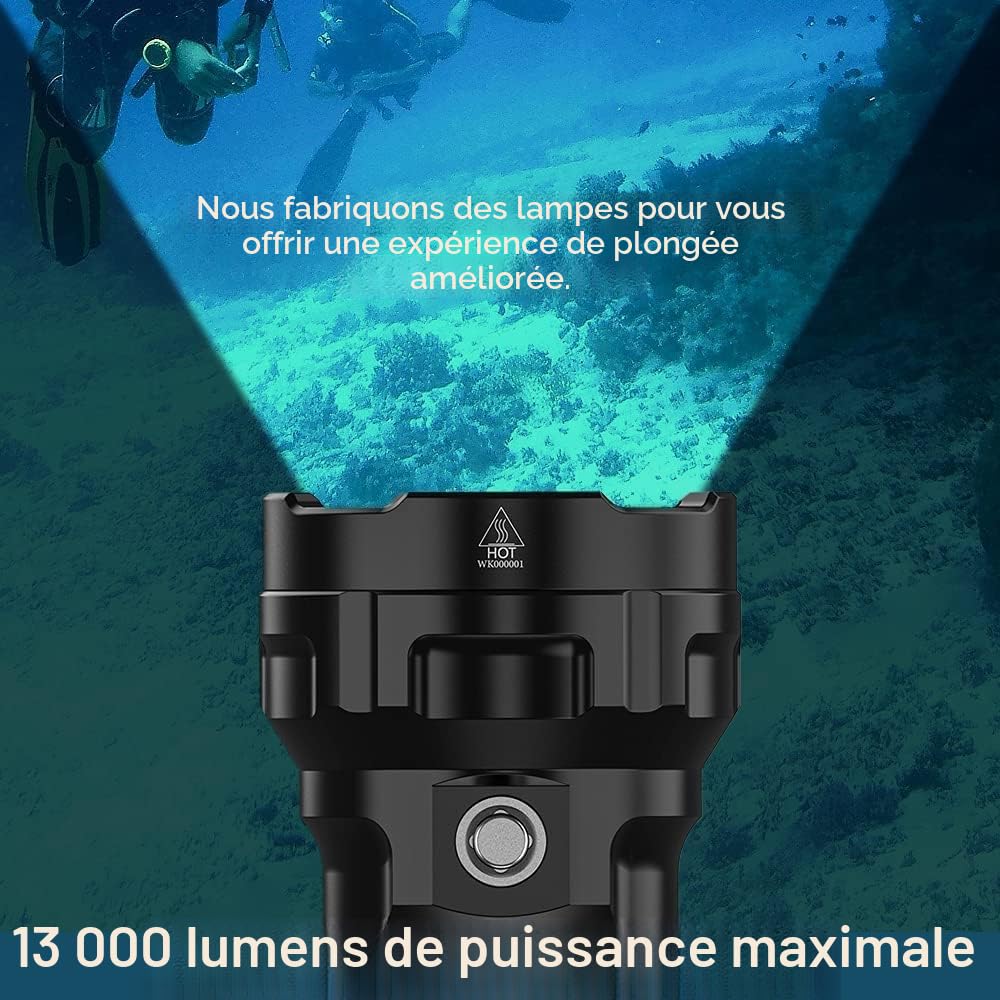 Wurkkos DL70 Lampe de plongée 13000 lumens, 4 * XHP50.2 LED torche sous-marine, torche de plongée super lumineuse à lumens élevés, Avec alimentation rechargeable 2 * 5000mAh et chargeur
