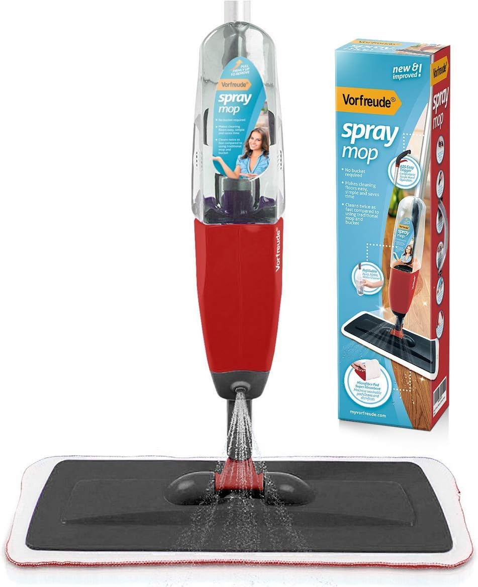 VorfreudeSpray Mop with Washable Pads, Includes Sprayer with Refillable 700ml Bottle, Floor Mop with Spray & Reusable Machine Washable Microfibre Pads, Suitable for All Types of Floors (Red)