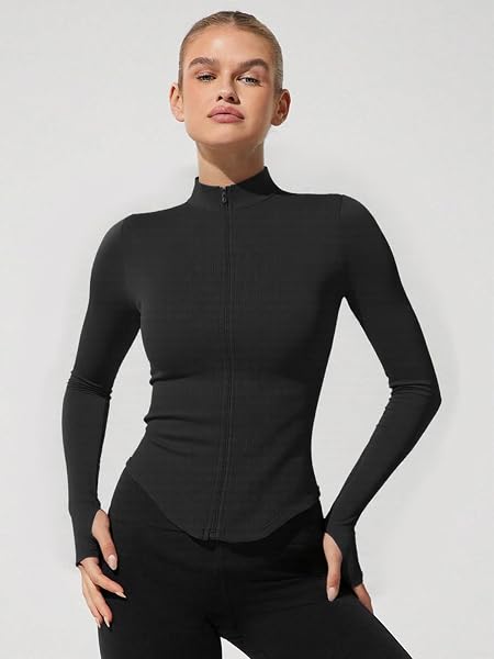 Giacca leggera da donna con zip intera, con fori per i pollici, per allenamento, vestibilità aderente, a maniche lunghe, tuta da tennis - 1