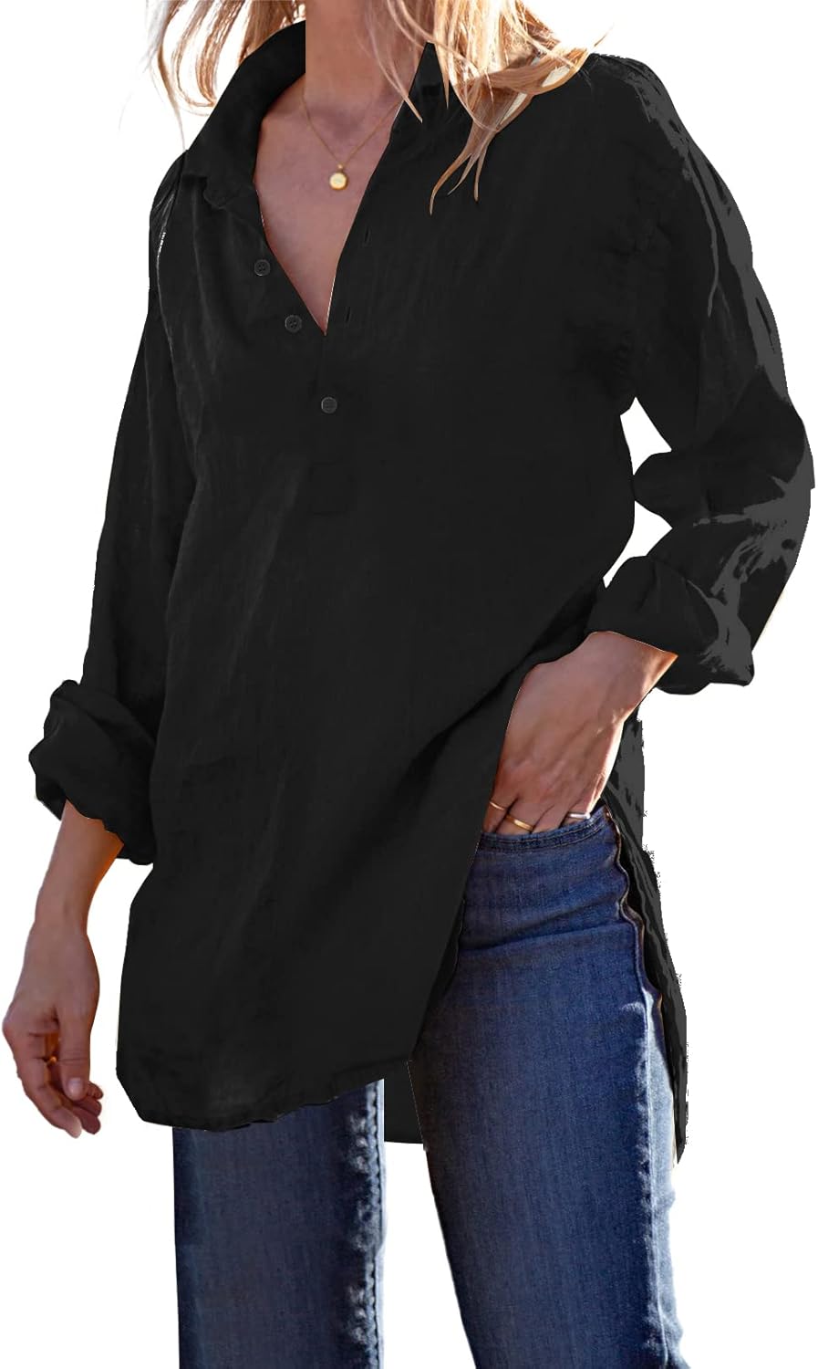 Pretifeel Womens Cotton Linen Tunic Shirts Button Down Long Sleeve Blouse Tops Beach Cover Up