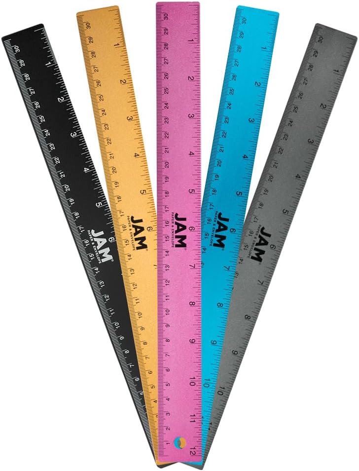 JAM PAPER Strong Aluminum Rulers - 12 Inch - Metal Rulers with Non-Skid Cork Backing - Business Assortment - 5/Pack