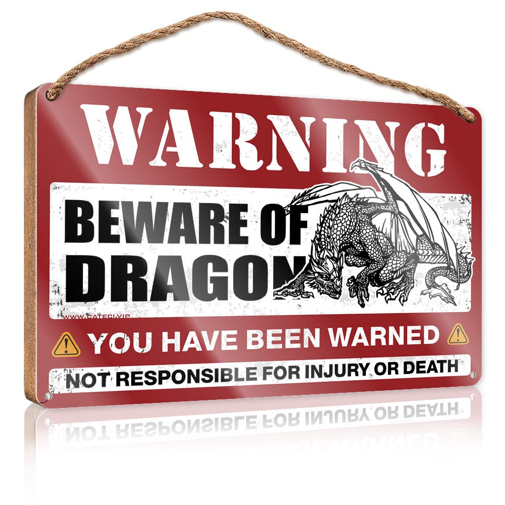 FZFN Hanging Plaque Wooden Beware Of Dragon Wooden Sign Front Porch Decor Gifts For The Office(15X28CM)