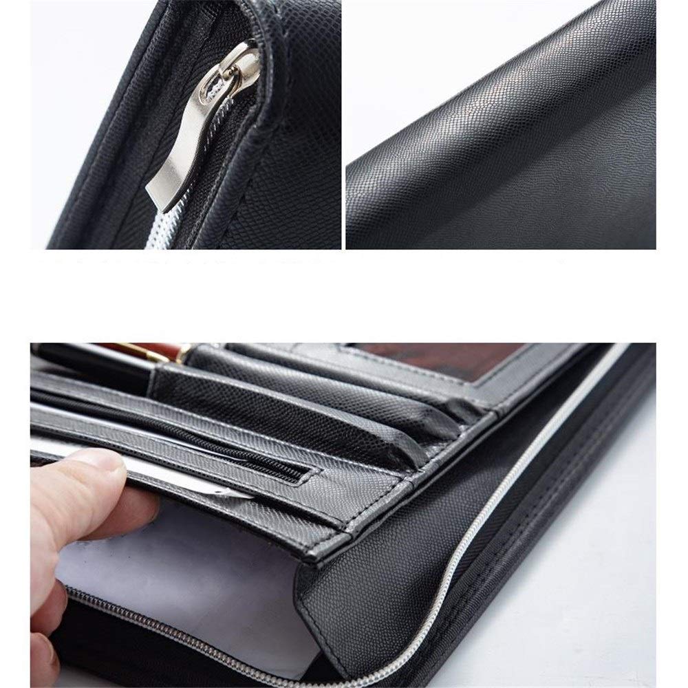 Carpeta de conferencias de cuero para negocios, bolsa A4 con cremallera, carpeta de conferencias con carpeta calculadora para escuela, negocios, viajes, negocios, bolsa de documentos (negro