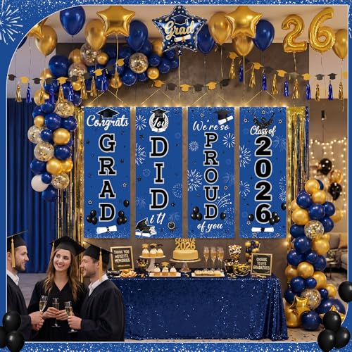 Image of Panelee 4 Pcs Black Blue Graduation Party Decorations 2026 Congrats Grad Porch Banners Class of 2026 Hanging Banner Backdrop for Classroom School Doorway Indoor Outdoor Wall Hanging Decor