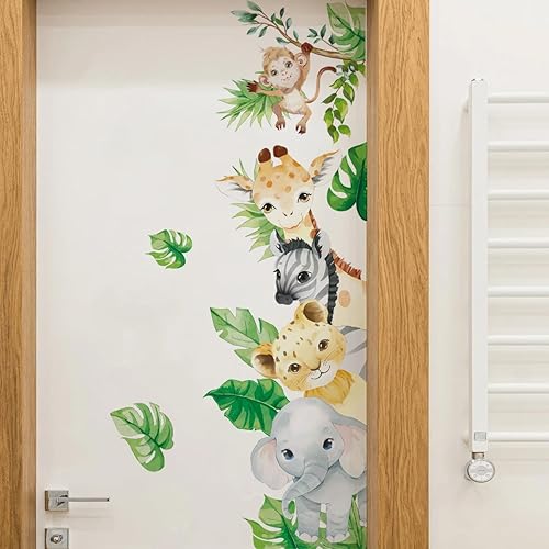 Runtoo Calcomanías de pared de hojas de palmera de animales de selva, selva, selva, elefante, jirafa, calcomanías de pared para niños, guardería,