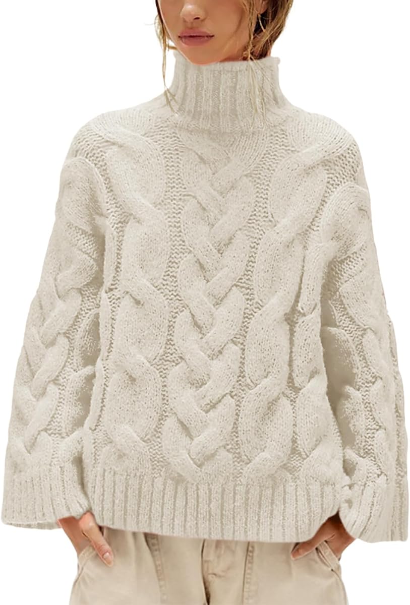 Womens Oversized Cable Knit Turtleneck Sweater Chunky Soft Cozy Long Sleeve Pullover Fall Winter Sweaters Casual Tops