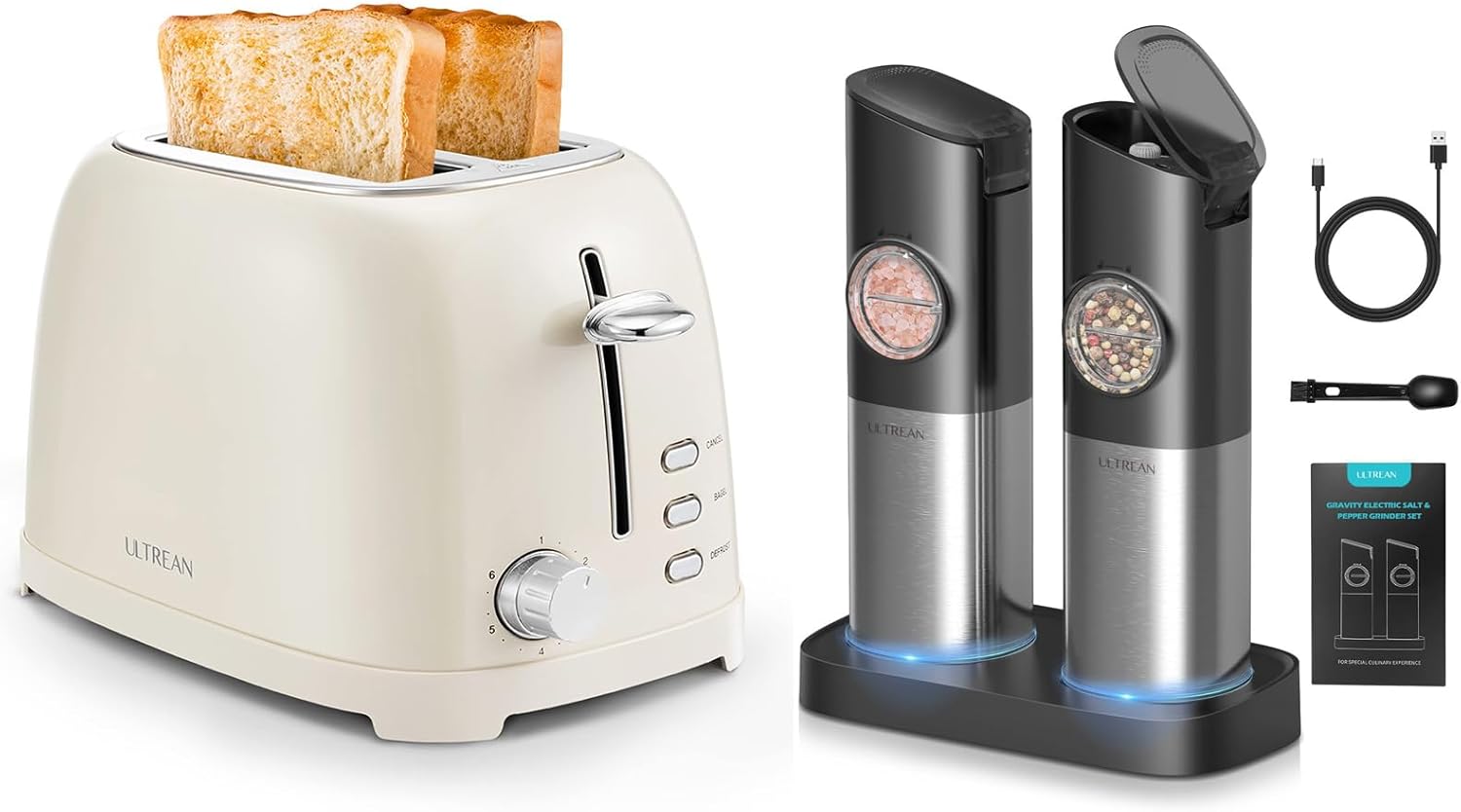 Ultrean 2 Slice Toaster & Rechargeable Electric Salt and Pepper Grinder Set