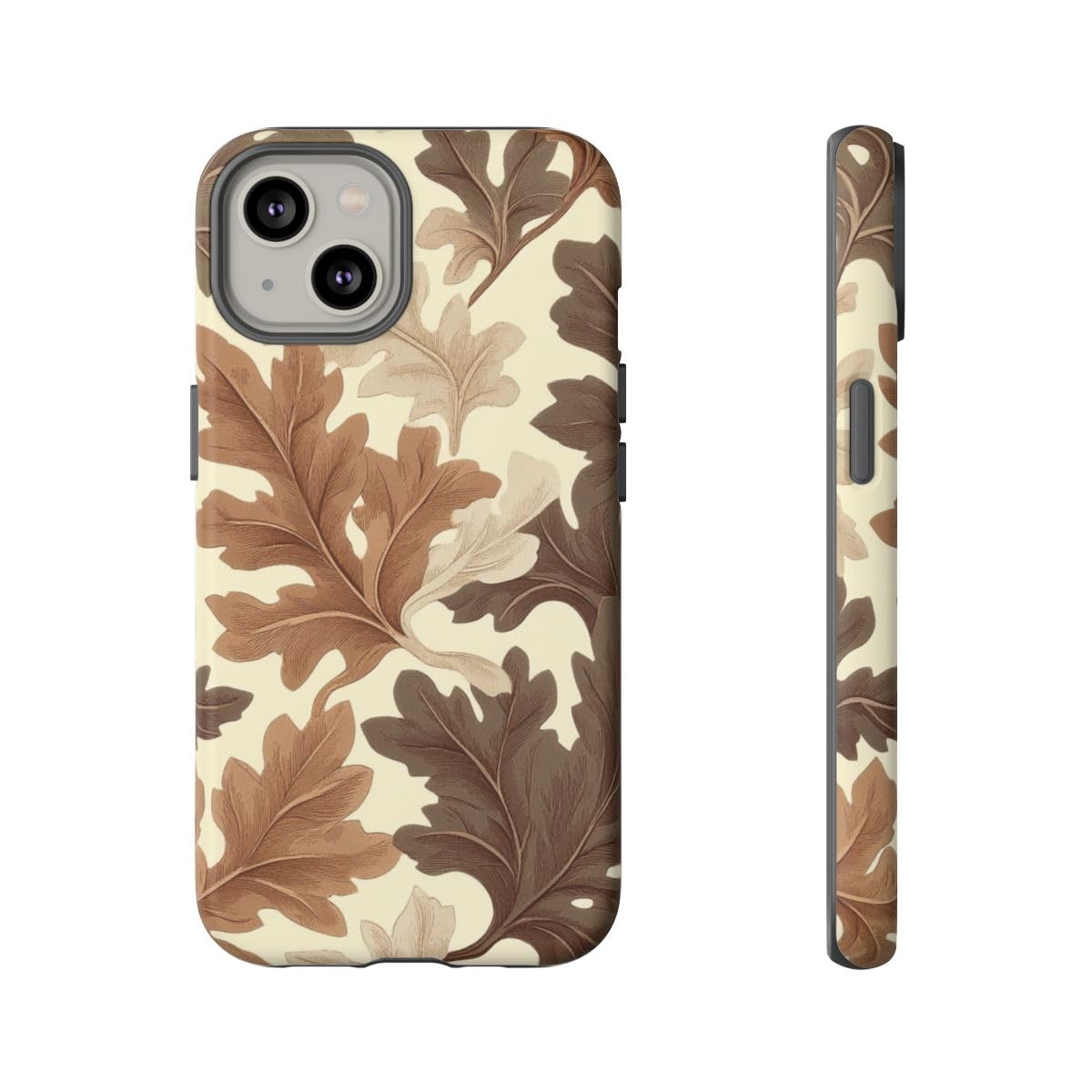 Coque iPhone 14 marron rigide mate motif feuille de chêne