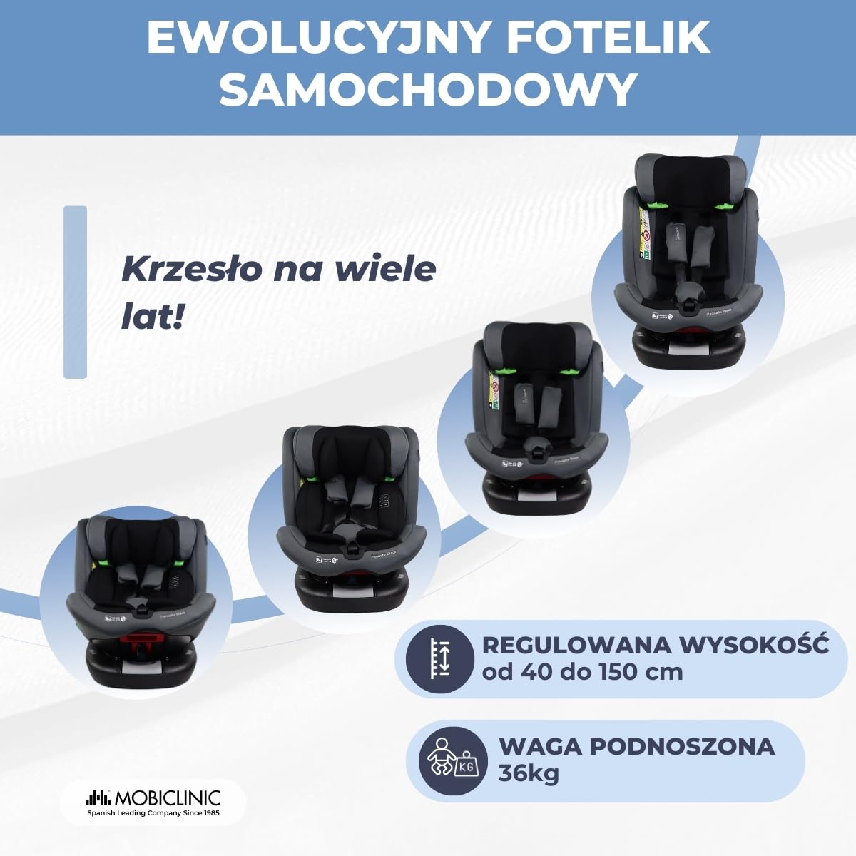 Mobiclinic®, Fotelik samochodowy, Obrót 360º, Regulacja i-size, Top tether, Grupa 0/1/2/3, Max. 36 kg, Podwyższenie dla dzieci, Pandafix, 5-punktowa uprząż, Regulacja, Leżanka 3 pozycje