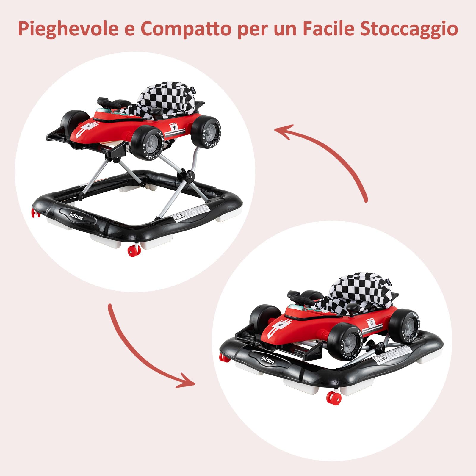 RELAX4LIFE 4 in 1 Girello a Spinta Primo Passo per Bambini da 6 a 18 Mesi con Luci e Suoni, Velocità e Altezza Regolabili, Portata 12 kg, 64x73x50,5/55,5 cm (Modello 2-Rosso) (ROSSO)