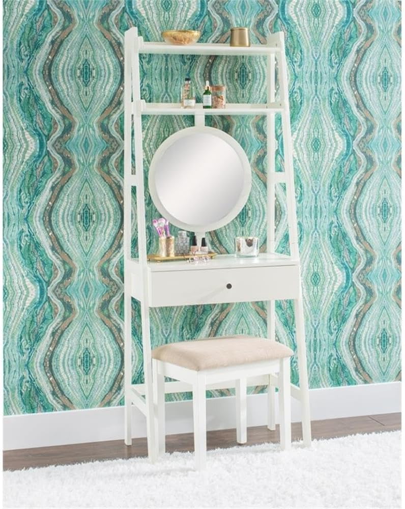 BOWERY HILL Wood Leaning Vanity Set, White Painted Finish, Round Mirror & Drawer, Rubberwood MDF Construction, 26" W x 18.25" D x 68.5" H, Beige Upholstered Stool, Bedroom Bathroom Entryway Furniture