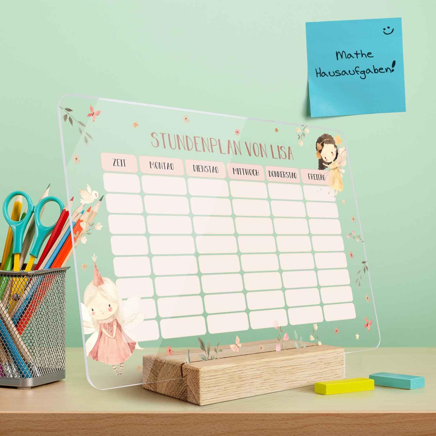 GRAVURZEILE Personalisierter Stundenplan - Fee mit Namen - Abwischbarer Wochenplaner für Kinder inkl. Stift - Geschenk für die Schultüte zum Schulanfang Einschulung - Farbe: Fee