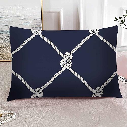 Miniatura 4 de IBILIU Fundas de almohada con patrón de cuerda náutica, azul marino sin fin con red de pesca blanca y nudos marinos en azul oscuro, funda de