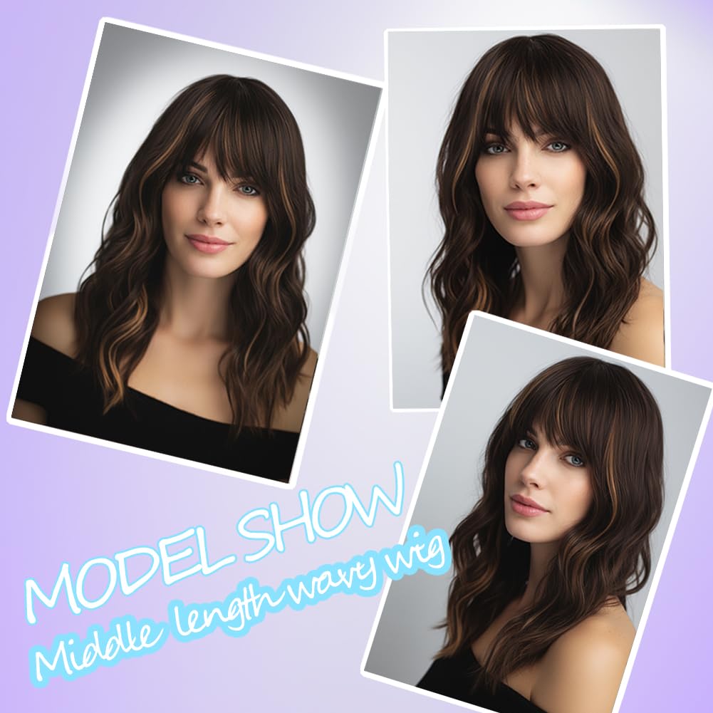 simkaylee Dark Brown Wigs with Highlights for Women Synthetic 16 inch Medium Length Wigs with Bangs Natural Long Wavy Fringe wig Heat Resistant Hair for Daily Party Use (16 inch)