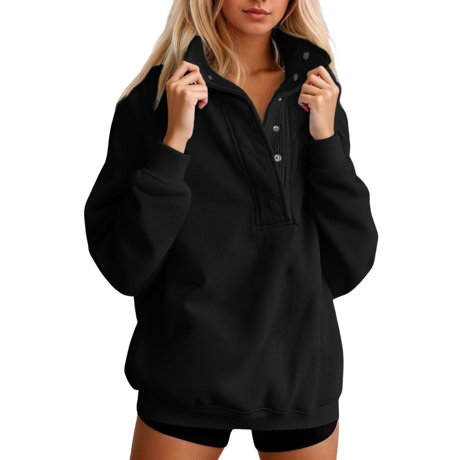 Sudadera Informal de Manga Larga con Cuello Redondo y Botones de Color Liso, Holgada, Suave y cómoda para Uso Diario.