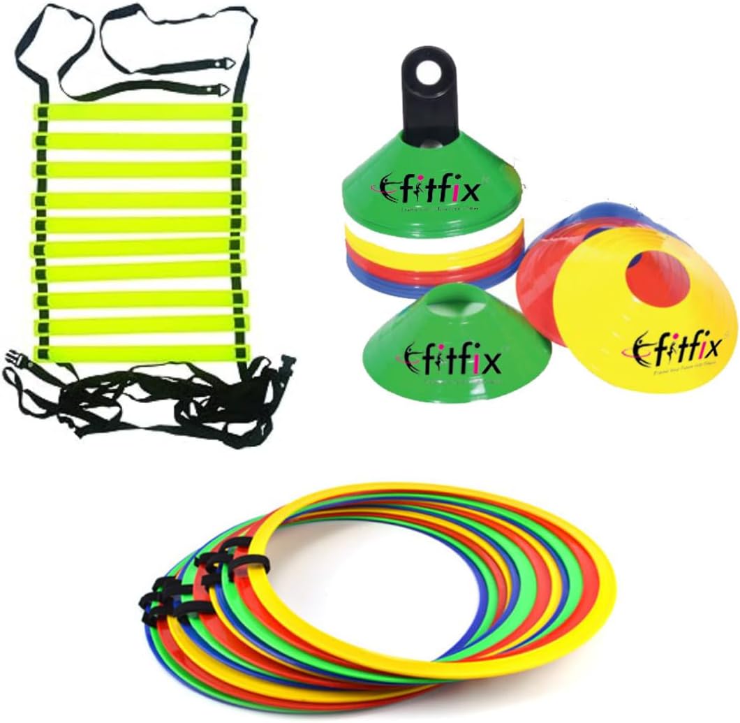 Fitfix® Premium Agility Training Bundle - 12-Piece Ring Ladder Set, 4-Meter Adjustable Ladder, and 10 Saucer Cones Combo Pack