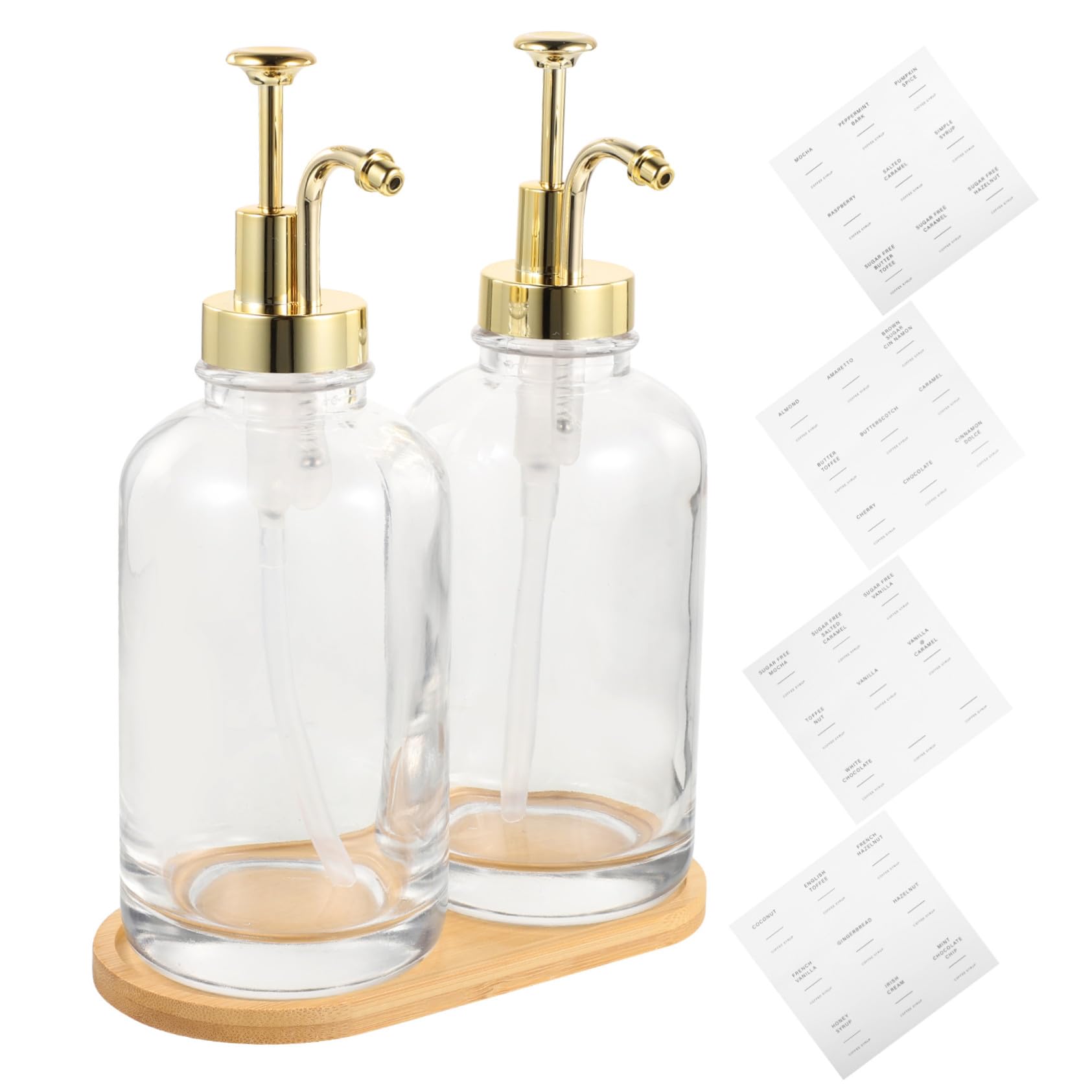 Dispenser Sciroppo in Vetro con Pompa Color Oro da Erogatore Puntuale per Bar e Compatto e Resistente con Bastoncino Mescolatore e Confezione Protettiva