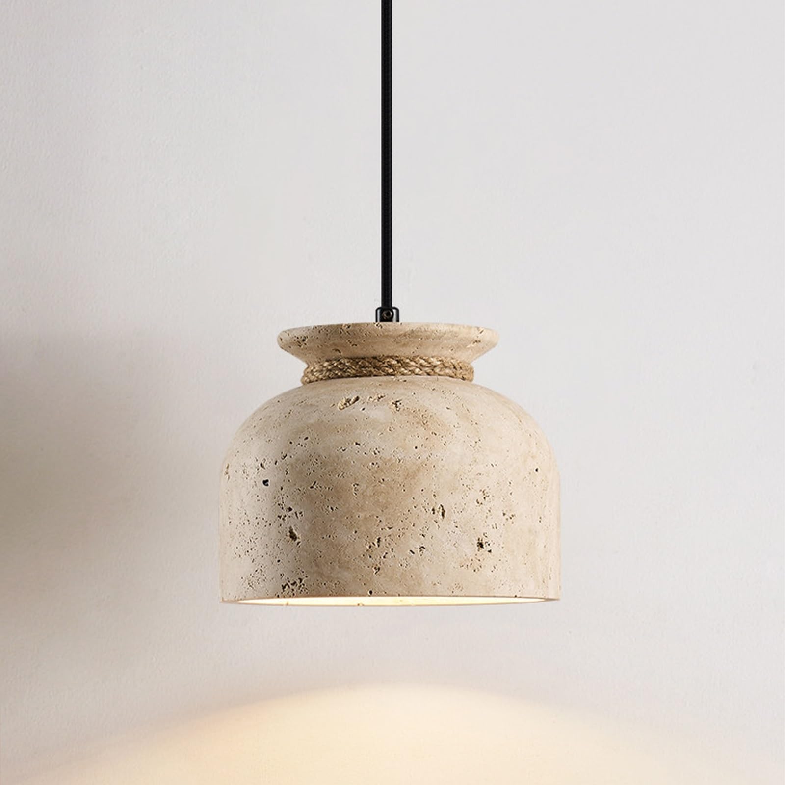 ITOSUI 6.3in Travertine Pendant Light Natural Stone Hanging Lamp Hemp Rope Lighting Fixture, Nordic Pendant Lights for Dining Table Bedroom Kitchen Island, E27 Droplight