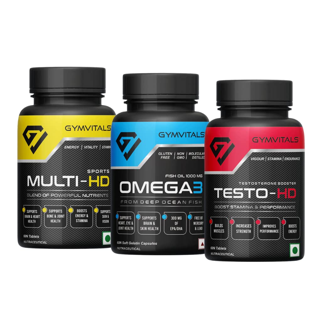 Gymvitals Combo Pack of 3 Contains Sports Multi-HD Multivitamin 60 Tablets, Testo-HD Testosterone Booster 60 Tablets & Fish Oil Omega 3 with 180 EPA/120 DHA 1000mg, 60 Softgels