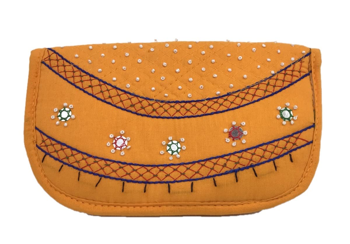 Handmade Wallets and Cotton Fabric Purse for Ladies - Clutch with Floral Embroidery - Wallets for Mobile Phones Unique Gift Items 8.5 Inch Mustard-image-41