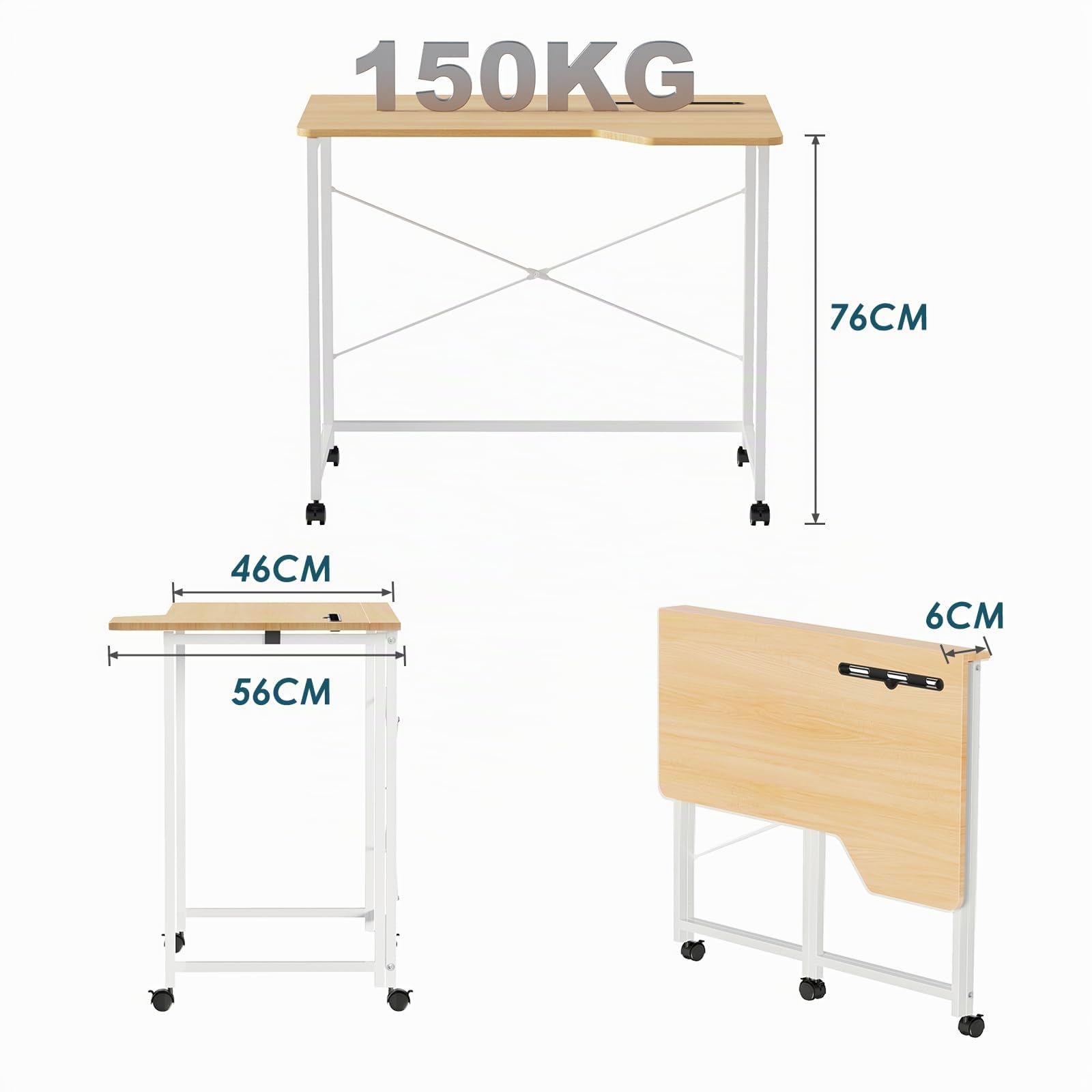 Schreibtisch Klappbar, Eiche Schreibtisch Klappcomputer mit Rollen, Portable Schreibtische Klappbar, Faltbar Schreibtisch für Home Office, Platzsparender Bürotisch zum für Arbeitszimmer
