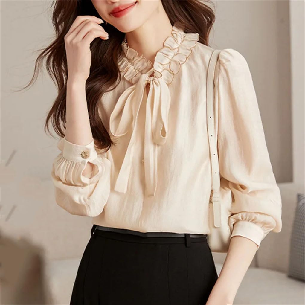 Blusa de gasa con volantes para mujer, color liso, casual, de manga larga, con lazo, con cordones