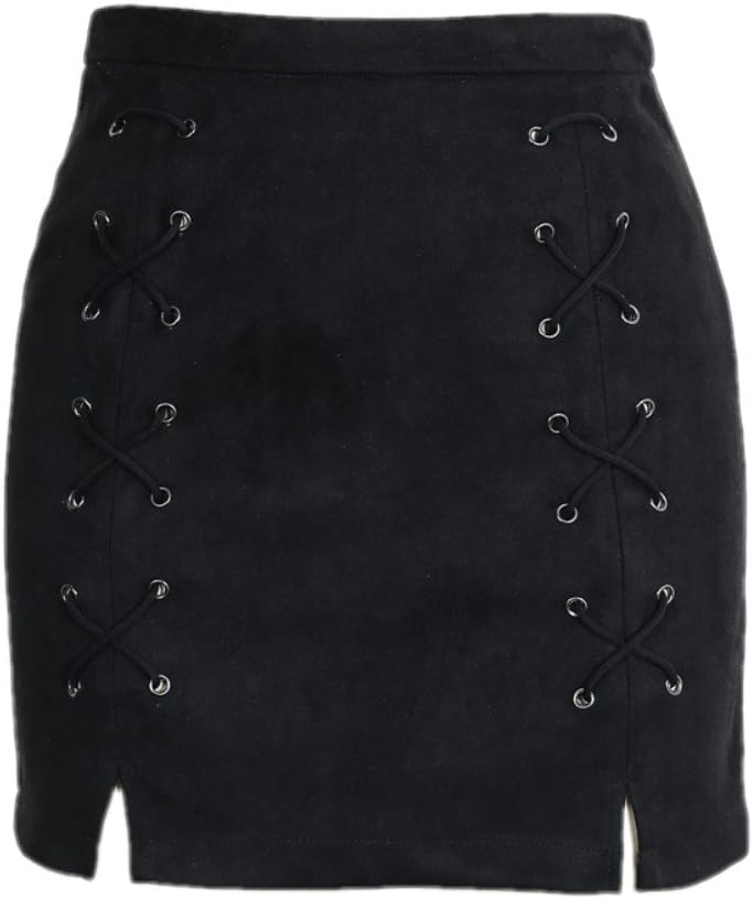 katiewens Women's Classic High Waist Lace Up Bodycon Faux Suede A Line Mini Pencil Skirt - Image 3