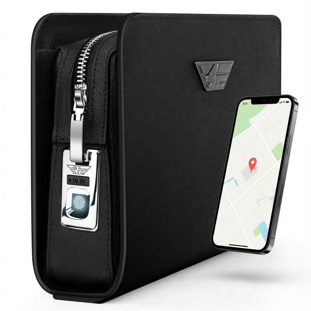 Bolso de mano para hombre con cerradura de huellas dactilares y rastreador inteligente compatible con Apple ¿Dónde está? APP, funda de muñeca de seguridad de piel para hombre, embrague con