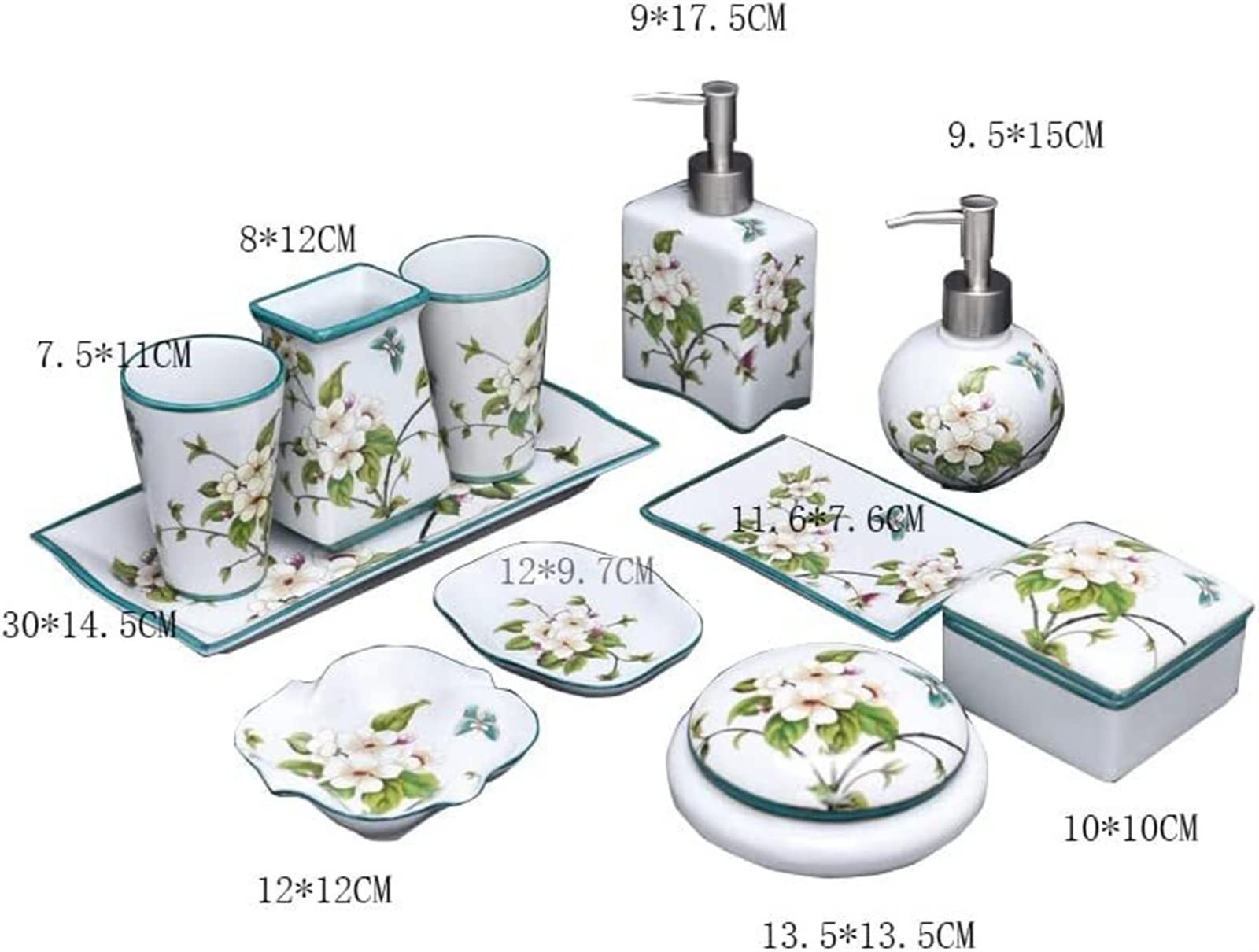 Kit di accessori per il bagno, include vassoio in ceramica, portaspazzolino, tazza per denti, 2 dispenser per lozioni, portasapone, cartuccia e coperchio per polvere (dimensioni: C)